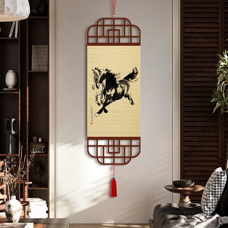 Chinese Ink Wash Horse Painting, Bamboo Woven Hanging Scroll, Entryway Tea Room Living Room Study Wall Art for Home Wall Decor