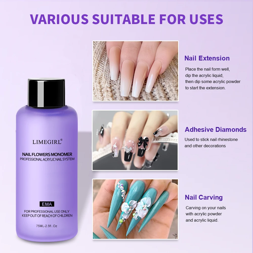 LIMEGIRL 3pcs/5pcs Nail Acrylic Liquid Monomer Crystal 75ML Nail Art Acrylic Powder Extension Professional Manicure Tool
