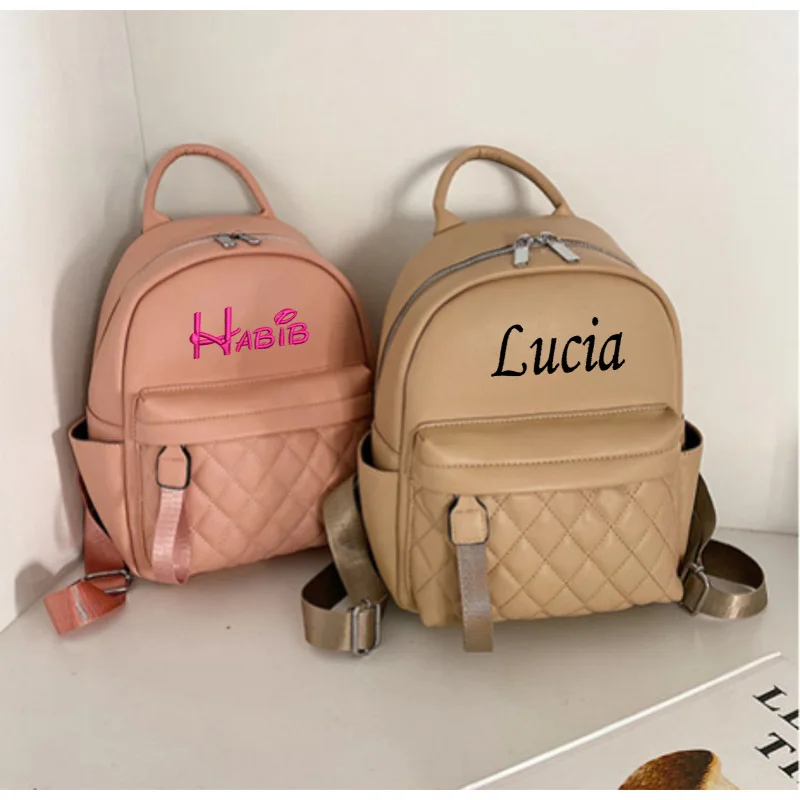 Embroidery Name Fashionable Classic Backpack Stitching Detail Zipper Adjustable Strap PU Custom Name Backpack School Bag