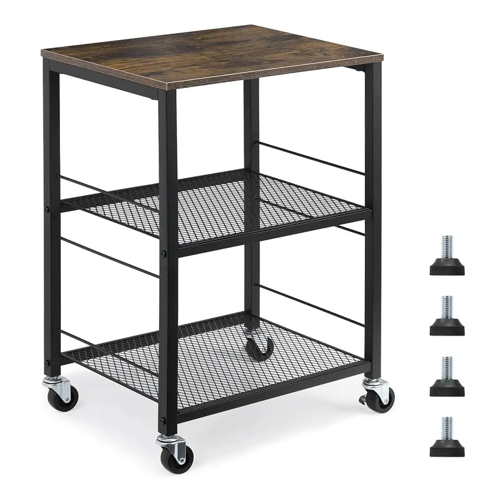 

Rustic 3 Tier End Table With Wheel,Side Table Nightstand Storage Shelf For Bedroom,Kitchen,Living Room And Office, Stable Metal
