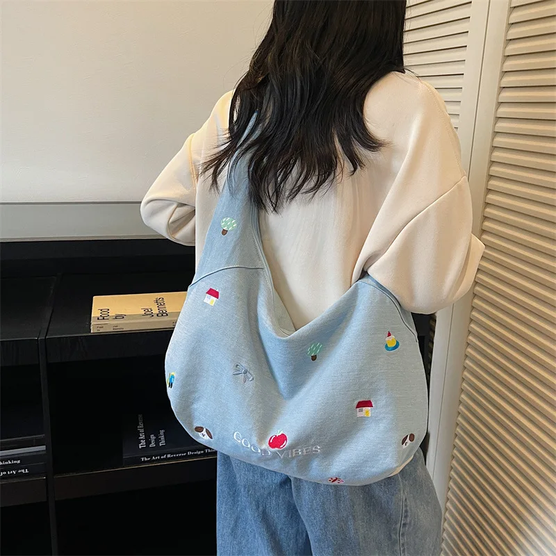 

Embroidered Denim Canvas Tote Bag, Vintage Literary Style Shoulder Crossbody Purse with Zipper, Casual Handbag for Travel