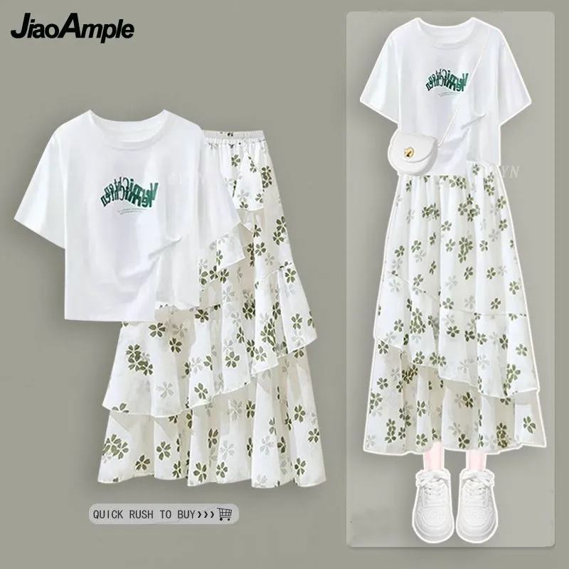

2025 Summer New Korean Elegant In Dress Matching Set Women's Fashion Casual Short Sleeve Top T-shirt+Midi Skirt Two Piece Suit