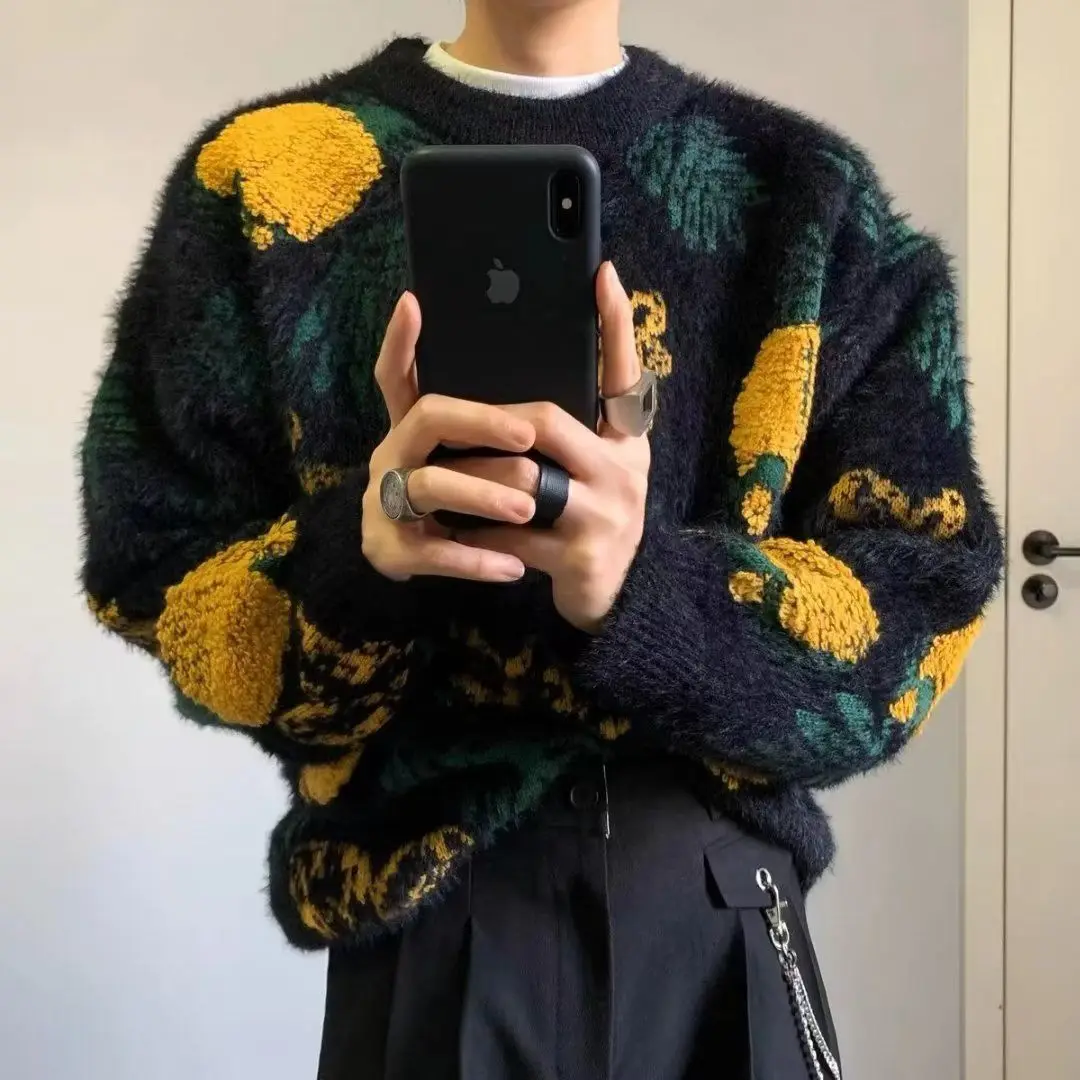 

Korean style knitted pullover sweater men's trendy pineapple jacquard round neck top casual loose lazy style men's clothing