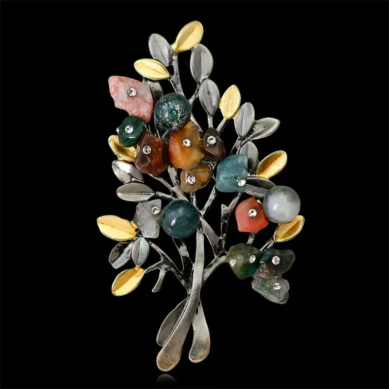 Women Retro Natural Stones Tree Brooches Pearl Stone Leaf Big Brooch Jewelry Accessories Clothing Wholesale New Arrival