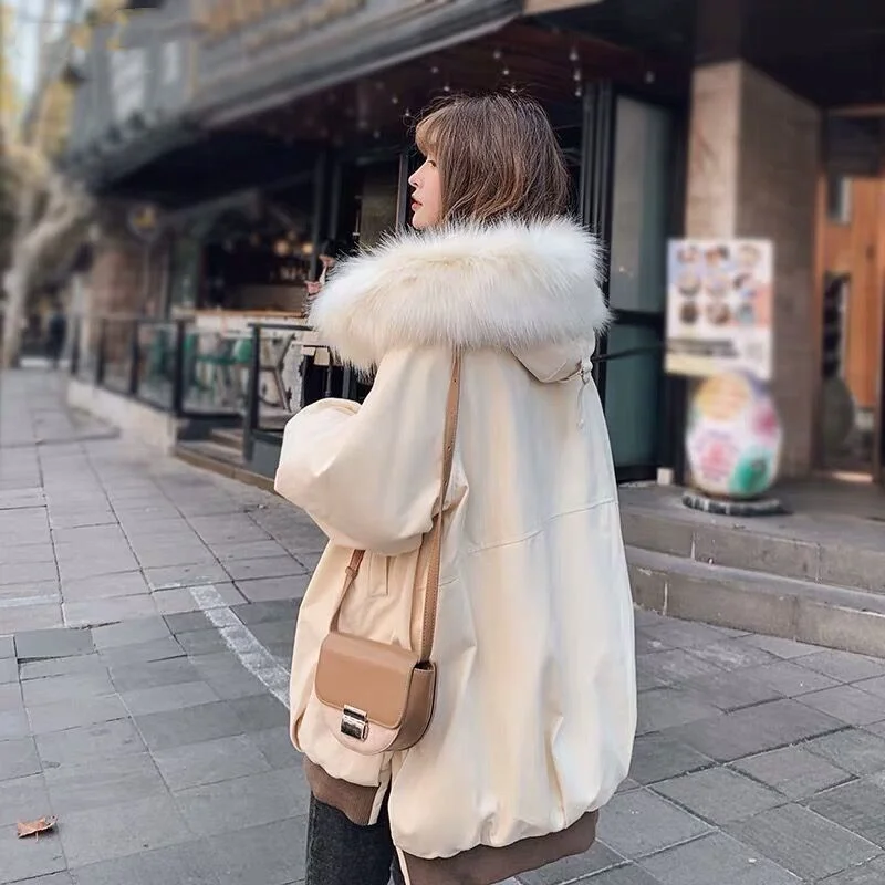 Fashion Plush Parka Jacket for Women's Korean Version Hooded and Thickened Cotton Jacket for Autumn and Winter New Student Top
