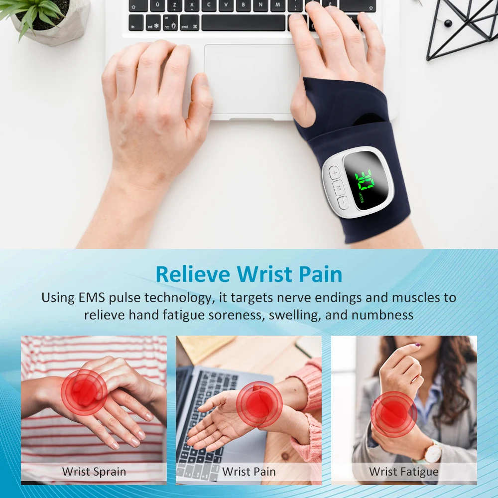8 Modes Wrist Massager Cordless Hand Massage Brace Vibration Relieves Tenosynovitis Device for Carpal Tunnel Fatigue Reduce Tool
