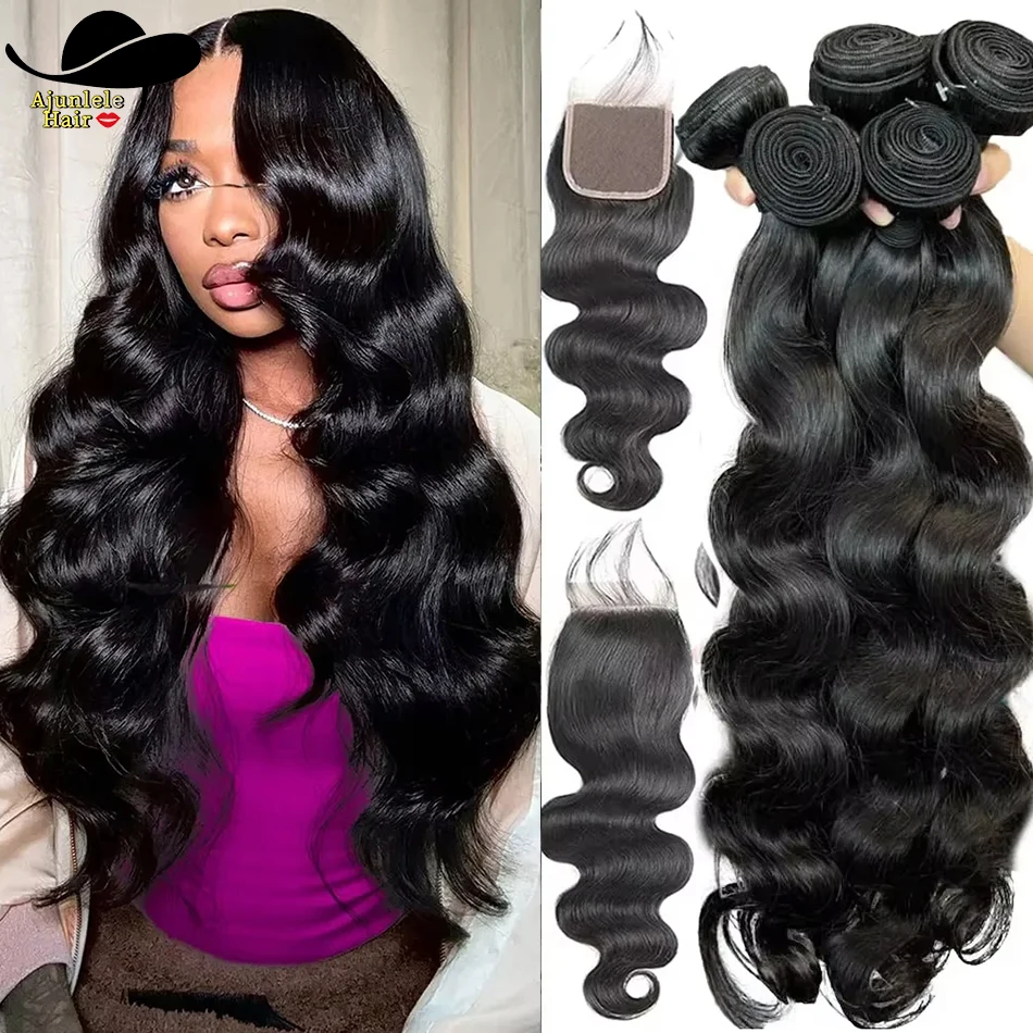 البرازيلي الجسم موجة الشعر البشري 3 قطعة حزم مع 4x4 الدانتيل الشفاف إغلاق 100% عذراء الشعر البشري حزم تمديد الطبيعية