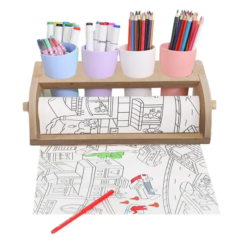 New Wooden Holder Tabletop Paper Roll Dispenser W/4 Hole Kids DIY Painting Drawing Tool Parchment Dispenser For DIY Art Painting