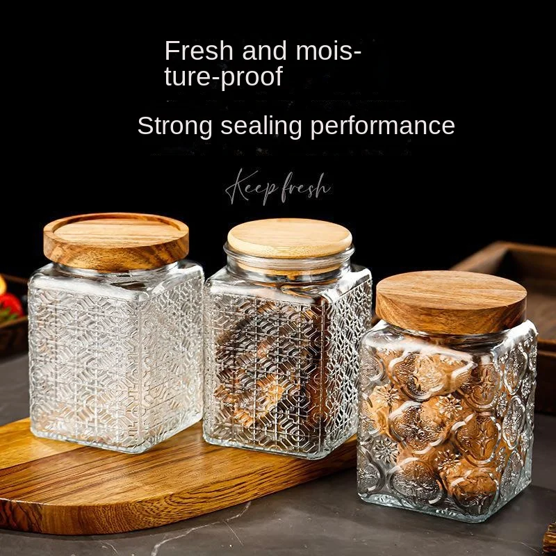 Vintage Engraved Glass Storage Jar Kitchen Seasoning Sugar Jar Sealed Candy Jars Glass Food Storage Container Desktop Decoration