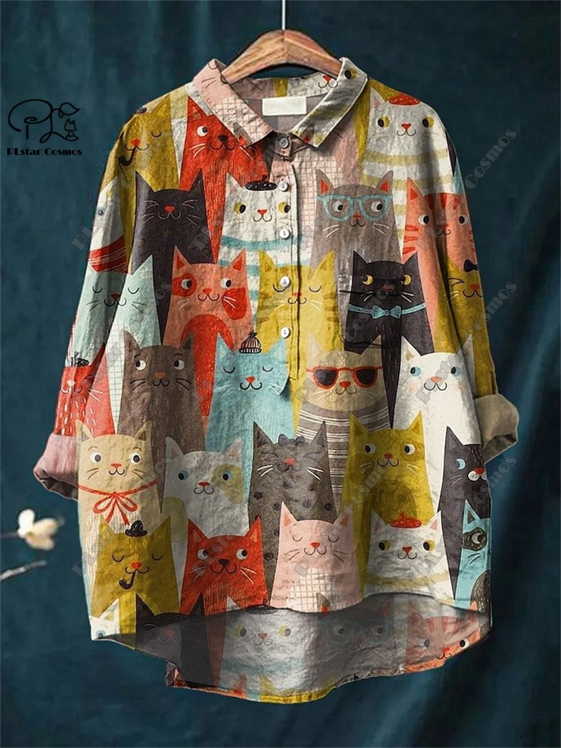 PLstar Cosmos new 3D printed women's loose retro floral cat and dog fun casual printed open tube shirt K-