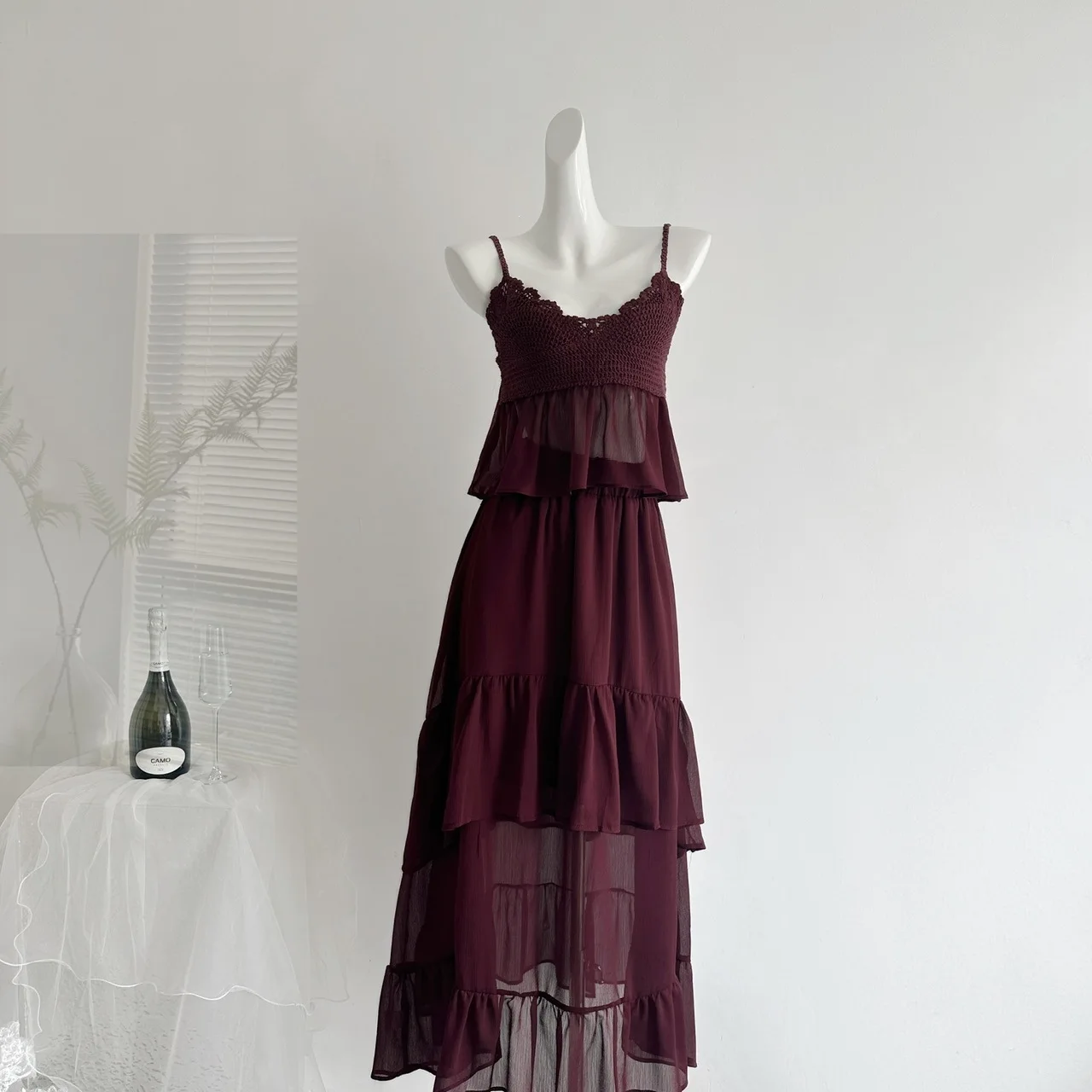 

Vintage Purple Crochet Lace Camisole Tiered Chiffon Maxi Skirt Set 2-piece Ruffled Semi-sheer Dress For Women Beach Vacation Wea