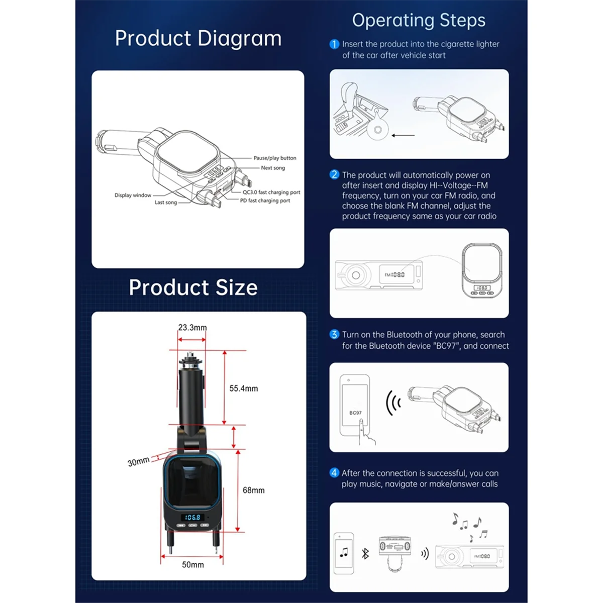 

HOT Retractable Car Charger 96W with Bluetooth Car Adapter, 4 in 1 Fast Charging, Radio Bluetooth 5.3 FM Transmitter for Car