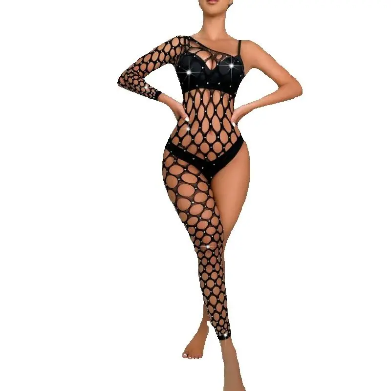 

European and American Women's Sexy Handmade Diamond Sparkling Lingerie Single Sleeve Leg Jumpsuit Mesh Jacket