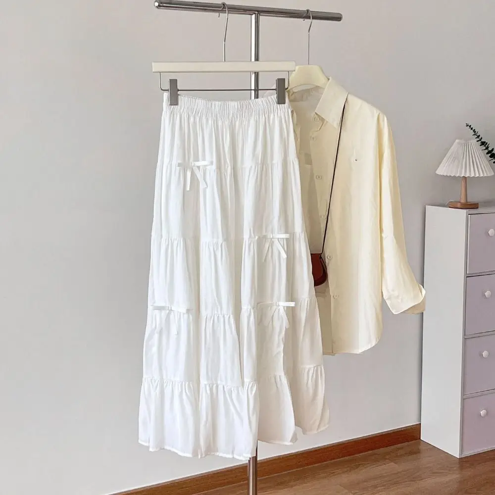 خمر Bowknot المتدرج ميدي تنورة مطوي عالية الخصر كعكة طويلة ألف خط التنانير بلون شيك سبع نقاط فستان طويل شيك #3