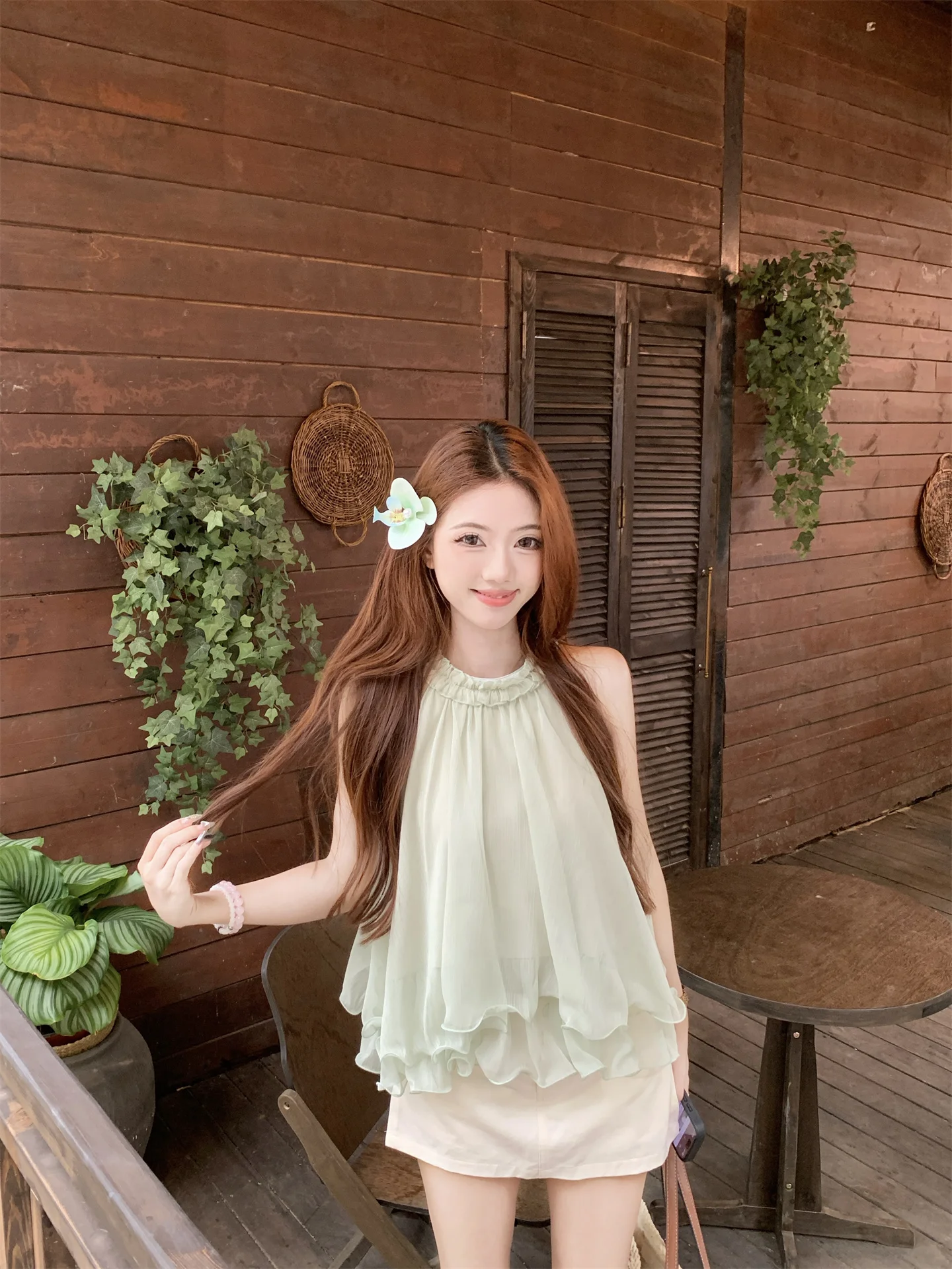 

Женский летний топ-жилет без рукавов Kumikumi Sweet Style с 3D-цветами, однотонный, очаровательный, молодежный, стройнящий, кружевная блузка