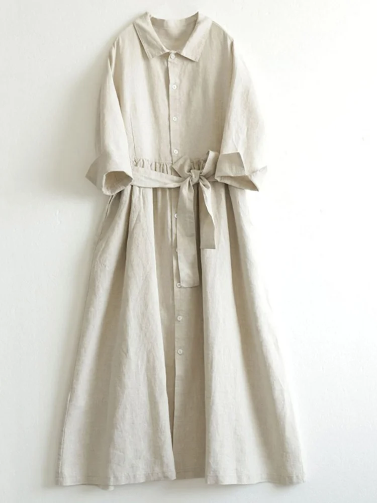 

Художественный хлопок и лен Dr Женский свободный пояс с поясом irt Dr Pure Color для поездок на работу с воротником на пуговицах Деталь A...