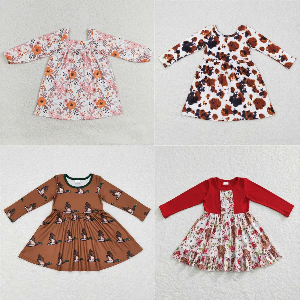 Wholesale Children's Clothing baby girls clothes western boutique Pink orange flower white square collar long-sleeved dress