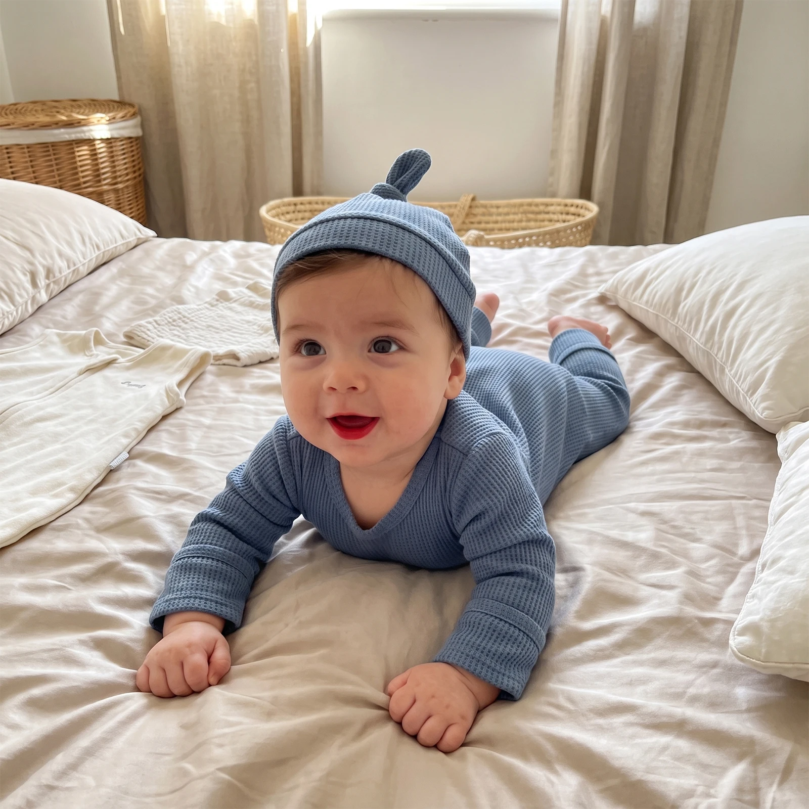 Baby Boy Fall Outfit Waffle Crew Neck Long Sleeve Romper and Hat 2 Pcs Set