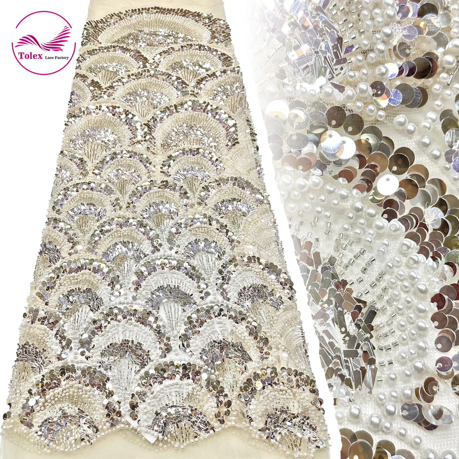 2026 Latest Style African Pearl Sequins Lace Fabric High Quality European Tulle Mesh Lace Fabric For Bridal Wedding Dress 5Yards