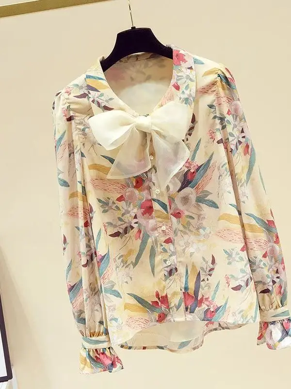 

Spring New Faion Women irt 2023 Floral Long Sve Cleanfit Sle Poly Fabric A-Line Sve Thin Thin ort Sve Ladies