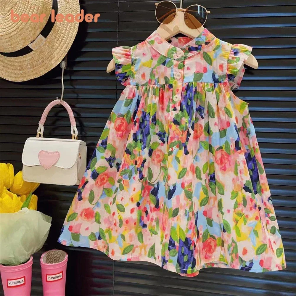 Bear Leader Girls' Clothing 2023 Summer New Girls' Round Neck Flower Print Flying Sleeve Dress Fashion Children's Print Dress