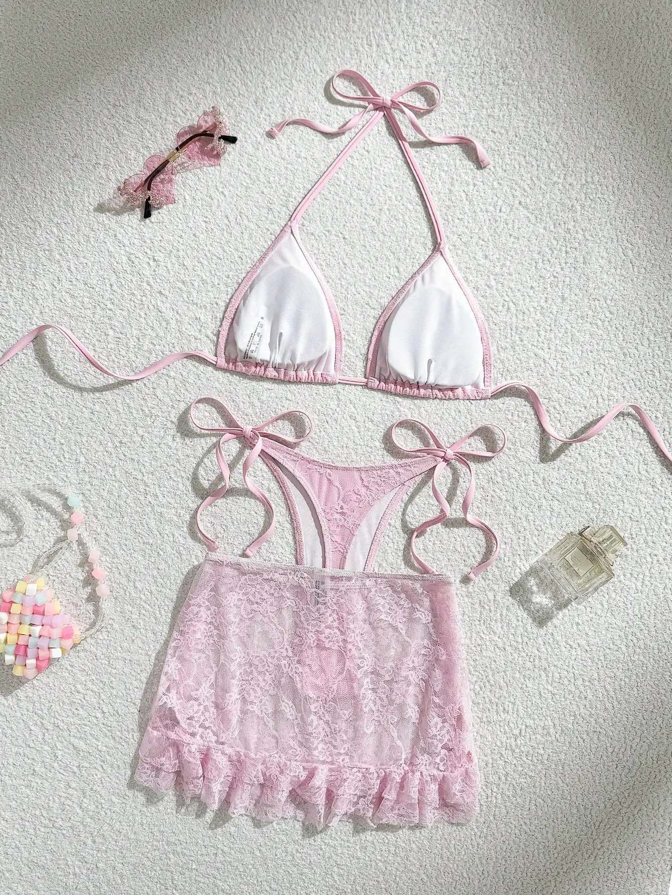 

3pcs Pink Lace Triangle Bikini Set With Flounce Hem Mini Skirt For Women