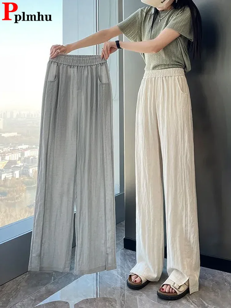 Letnie cienkie lodowe Slik podział proste spodnie damskie dorywczo luźne szerokie nogawki Pantalones koreańskie modne elastyczne spodnie dresowe z wysokim stanem