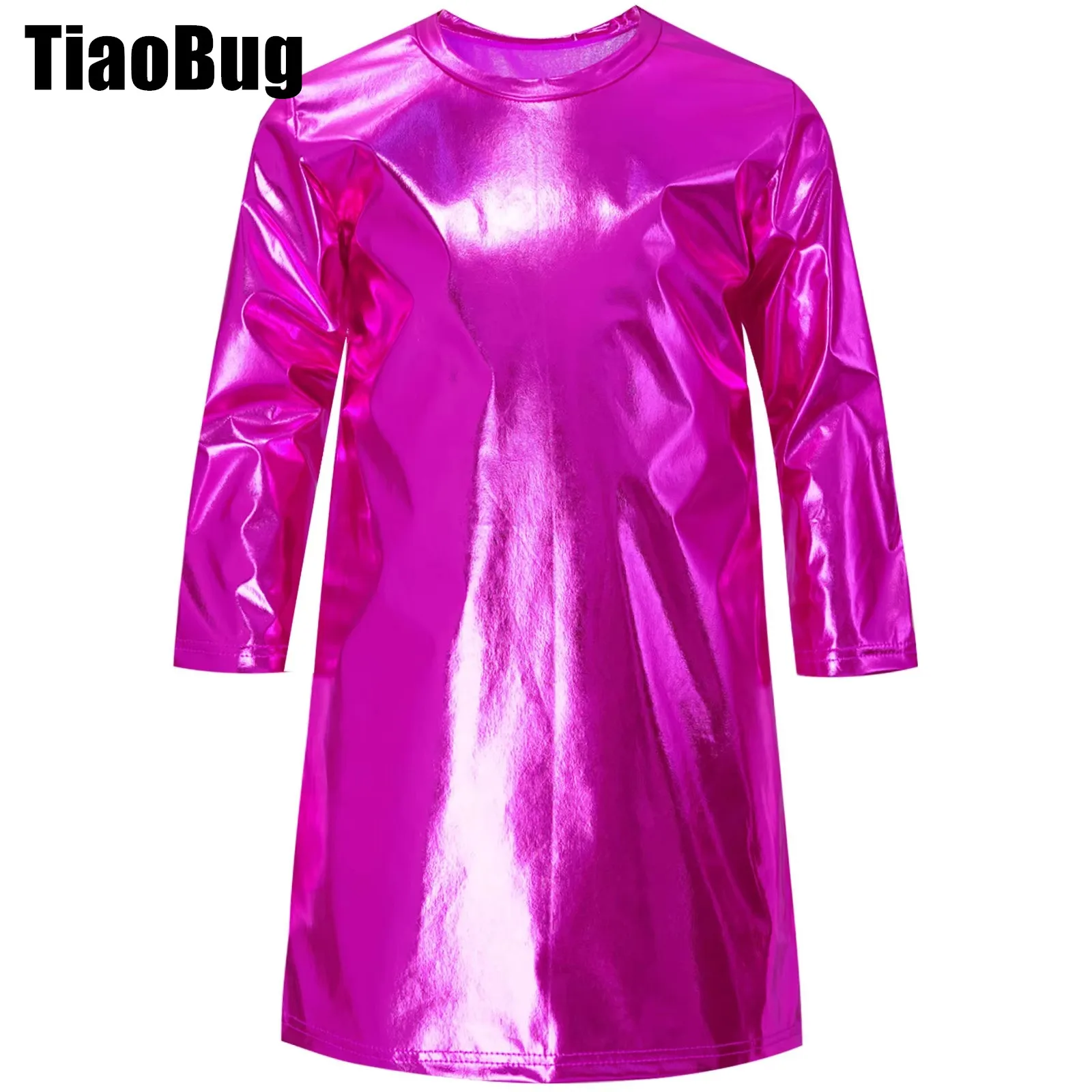 Kids Girls Dance T-shirt Tops Performance Costume Round Neck Long Sleeves Metallic Shiny T-shirt Dress