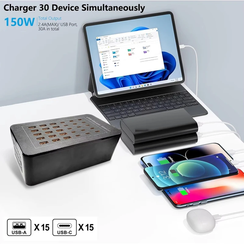 150W 30Port 15C 15A Charger HUB Wall Desktop Fast Charging Station for Mobile Phone Power Adapter Hotels Shops EU Plug [IANC-]