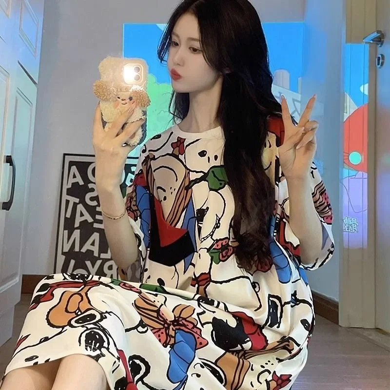 Snoopy Nightgown Women's Dress Summer Cute Cartoon Pajamas Mid-length Loose Summer Short-sleeved Casual Home Wear Birthday Gift