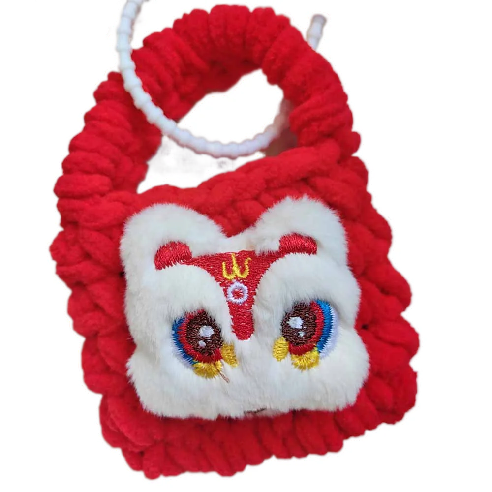 Soft Case Knitted Lion Plush Earphone Bag Lion Dance Portable Red Plush Earphone Case Handmade Woven