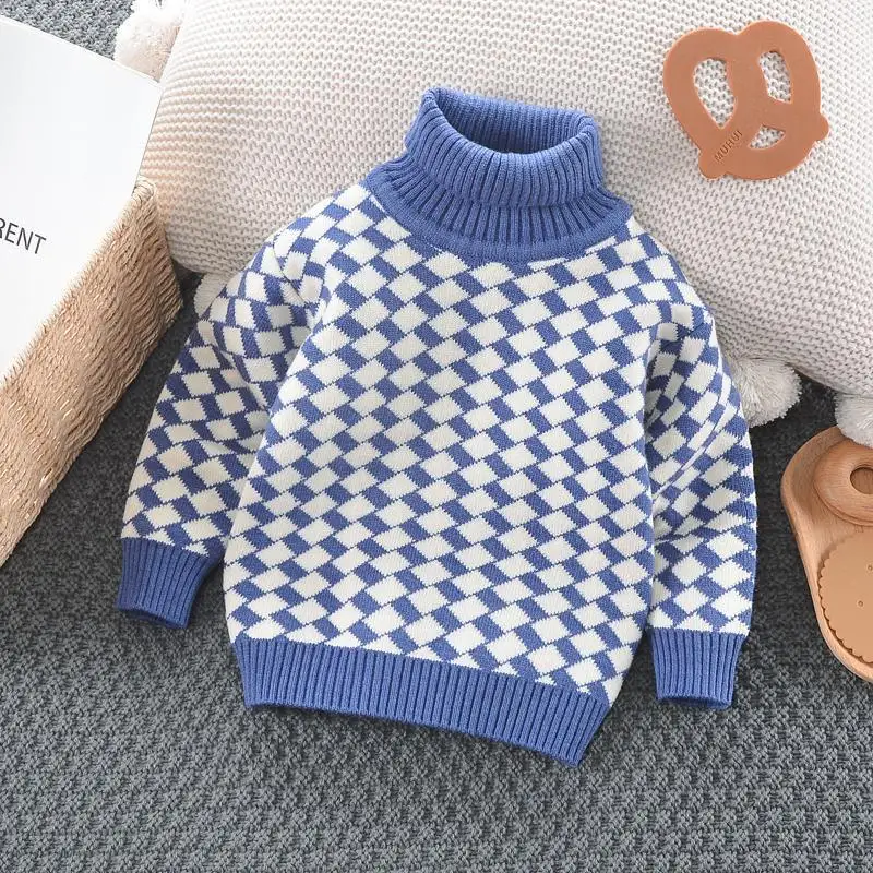 Boys\' Sweater Children\'s High Neck Sweater Autumn and Winter Plaid Baby Plush Thickened Winter Bottom Boys Underlay Sweater