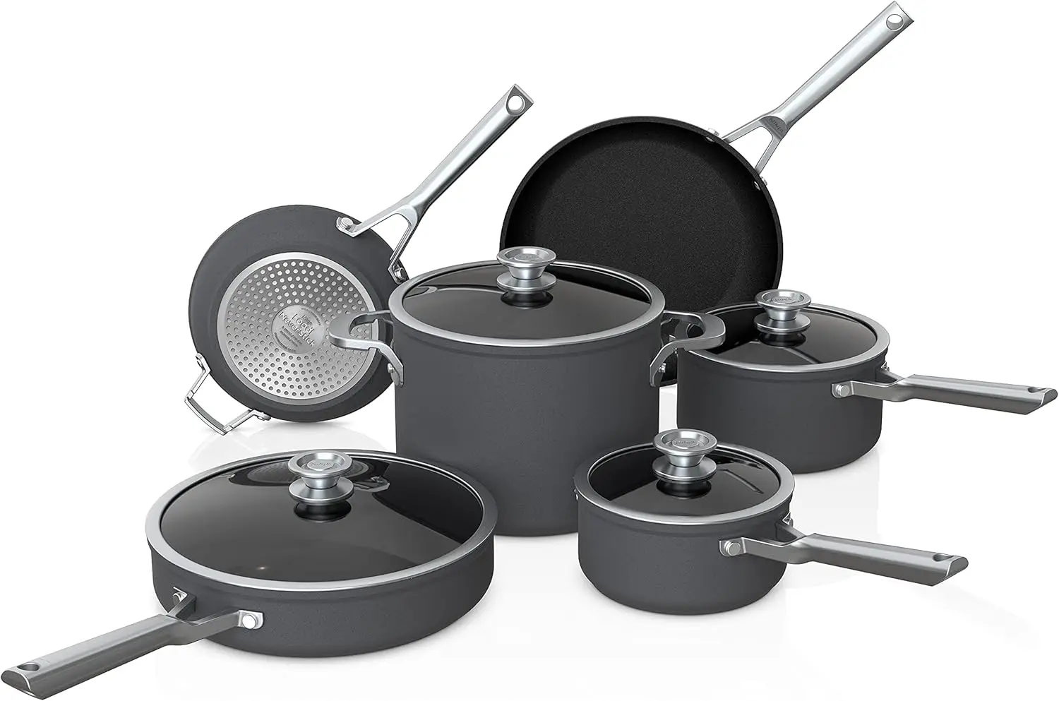 Ninja Neverstick Premium 10 Piece Pots & Frying Pans Set, With Glass Lids, Nesting, Hard Anodized, Kitchen Cookware Sets