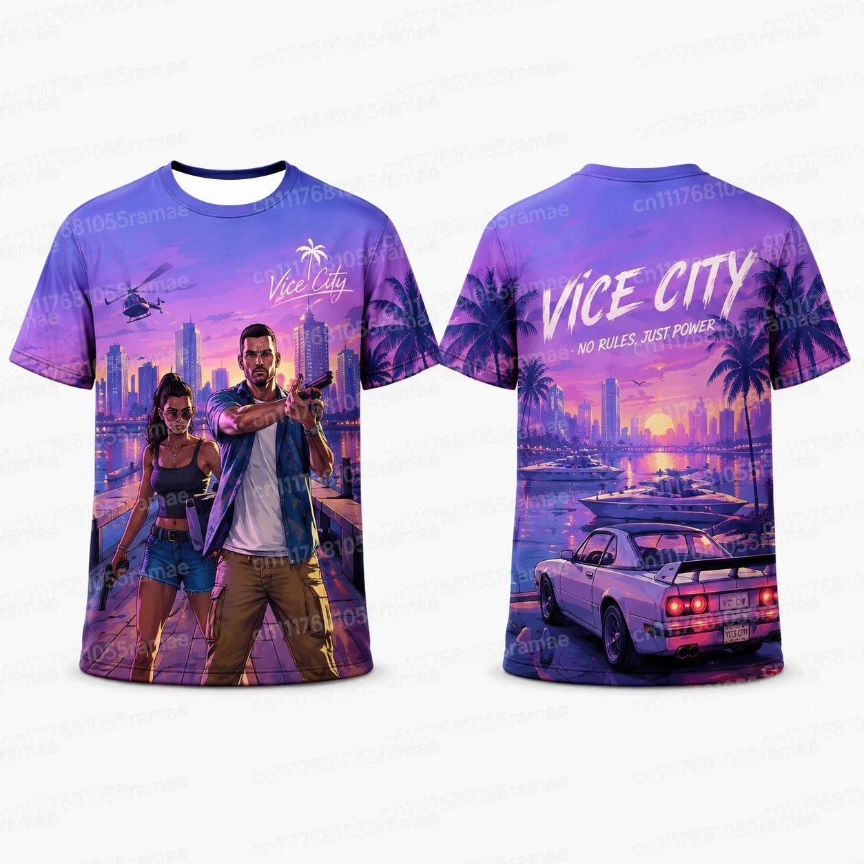 Vice City Retro Synthwave T-Shirt mit beidseitigem Aufdruck, Unisex, Miami-Palmenmuster, Sport-T-Shirt, atmungsaktives Mesh-Material, schnelltrocknend, Streetwear-Oberteil. – Detail 6