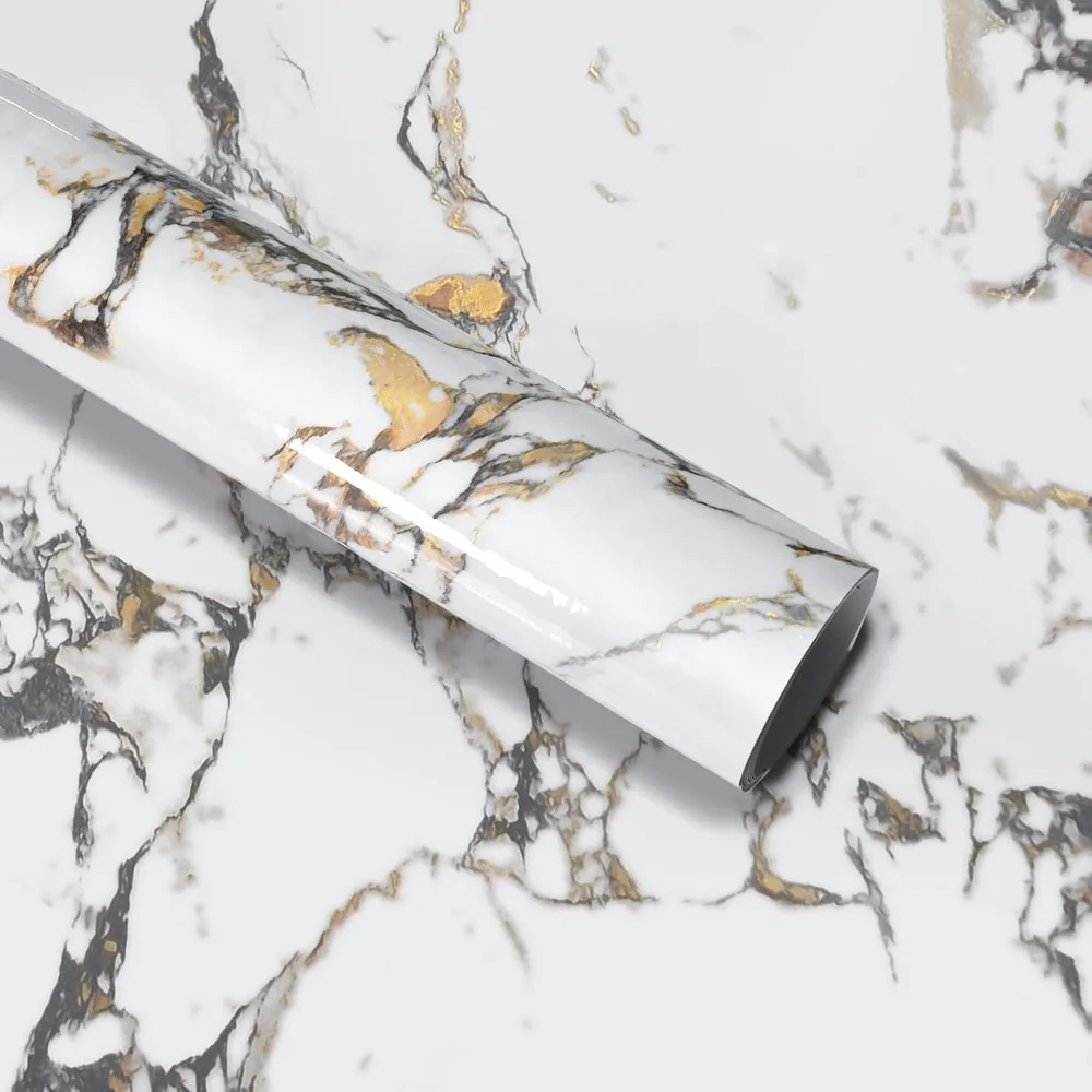 ورق اتصال رخامي عروق ذهبية قابل للتقشير واللصق لأسطح الكونترتوب والمطبخ ورق جرانيت لاصق من الفينيل، 16 × 591 Inc