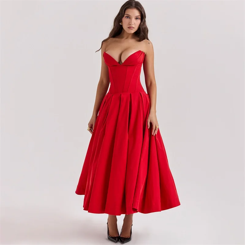 

Solid Color A Line Women's Prom Dress Robes Sexy Sweetheart Sleeveless Formal Birthday Red Carpet Backless Long Party Gown