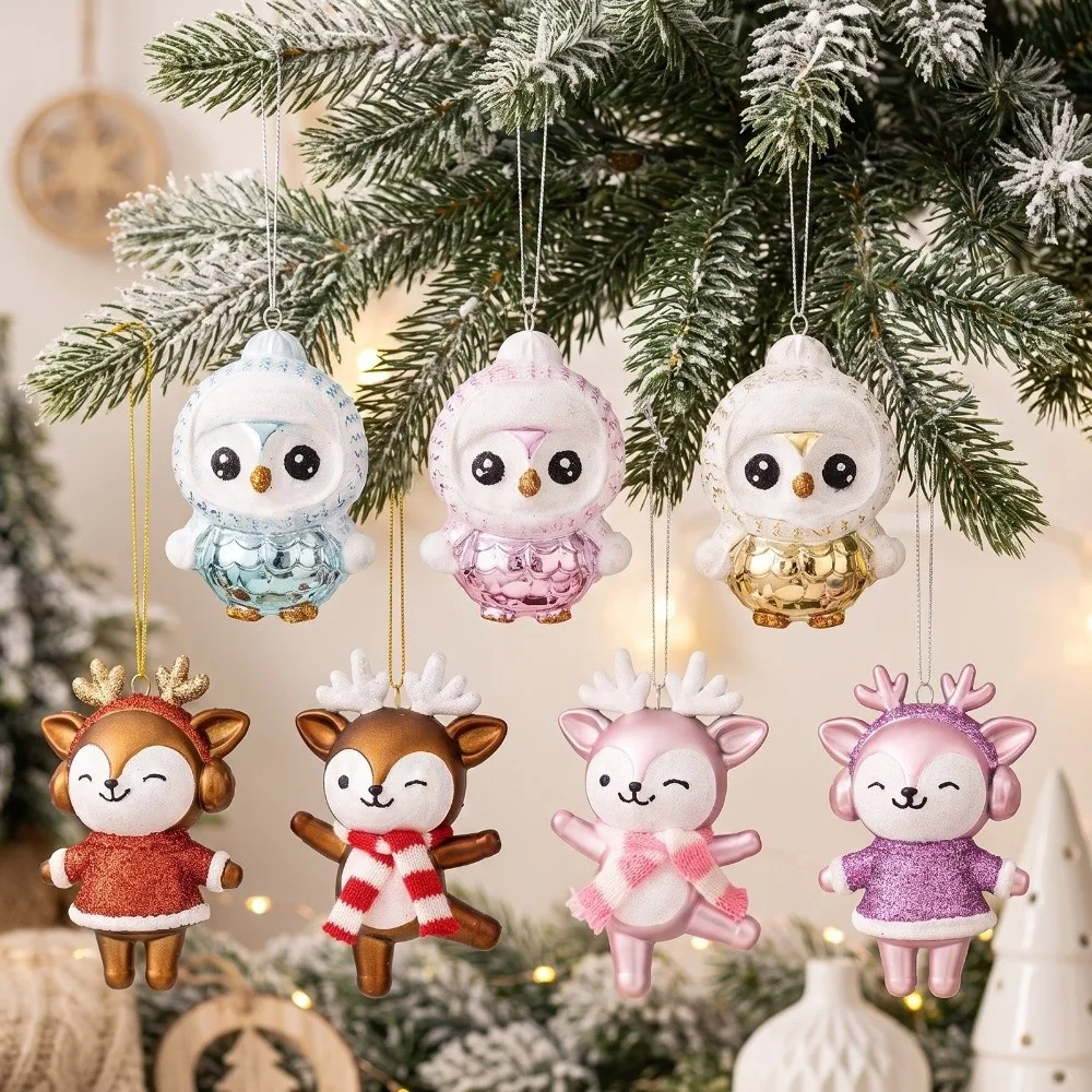 Plastic Xmas Penguin Reindeer Pendant Electroplated Cute Christmas Tree Hanging Pendant Glitter Powder