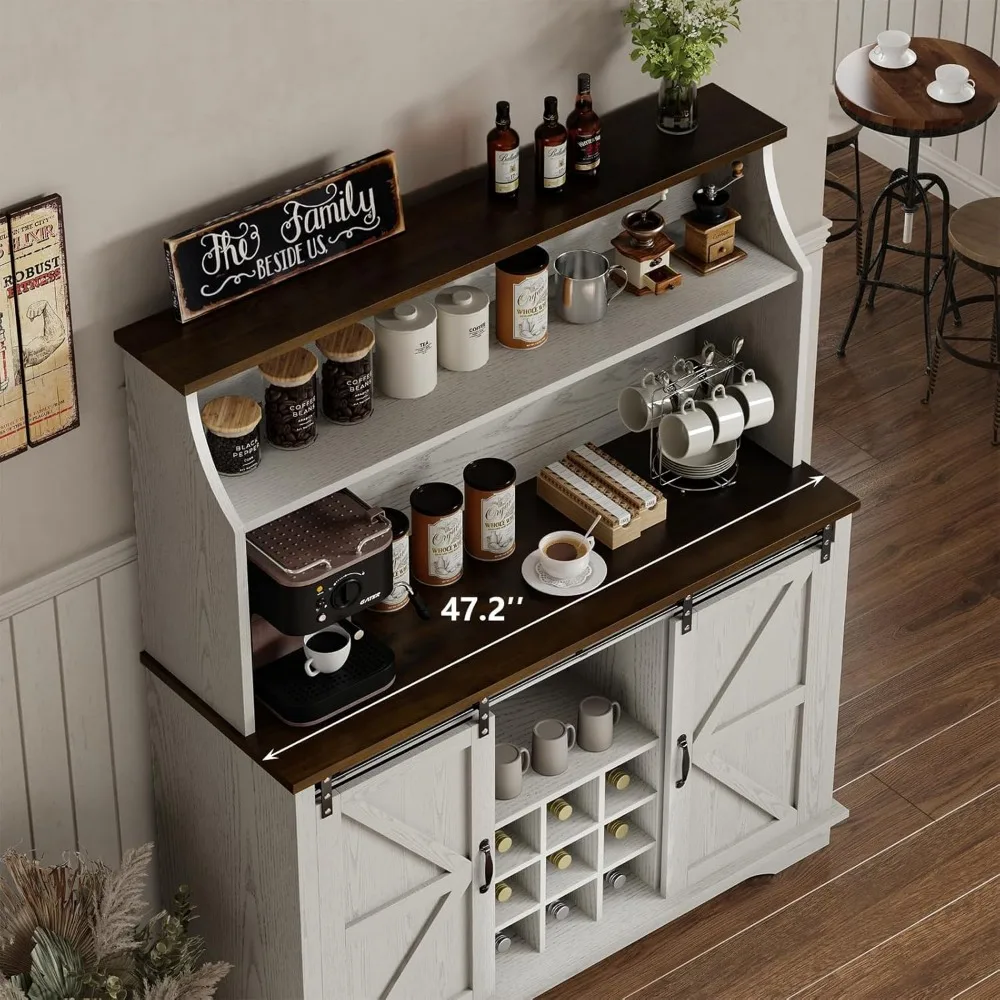 Grande armoire de bar de cuisine de 47 pouces avec rangement à 3 niveaux, supports à 9 vin et 3 supports en verre pour un style de ferme rustique