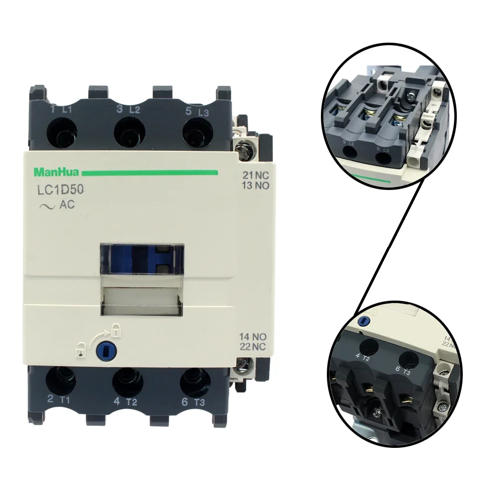 ManHua Din Rail Mounted LC1-D50 Contactor Electrical Industrial AC Contactor 50Hz 220/230V 50A