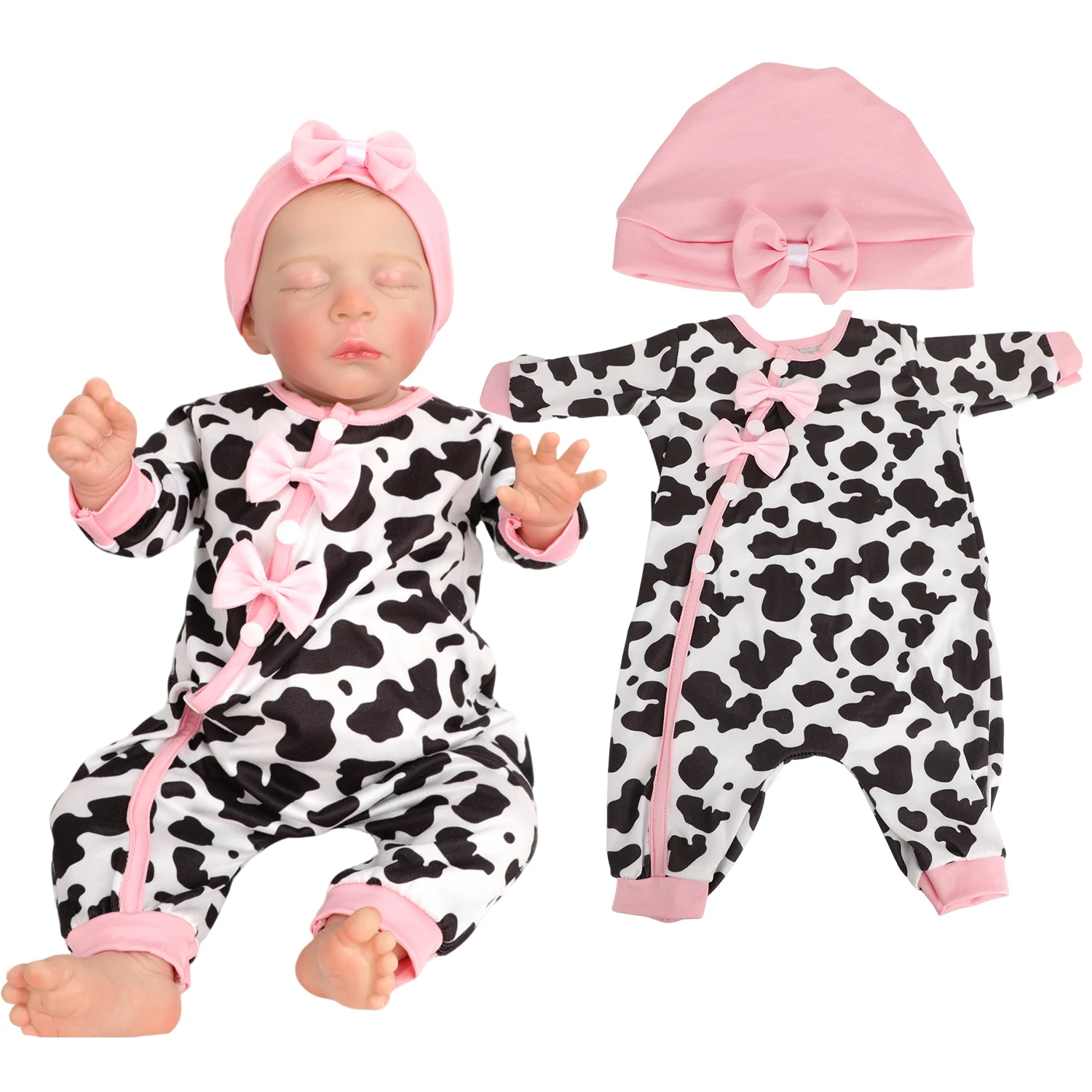 Vestiti per Bambola Reborn 43-46cm + Cappello, Completo con Fiocco Floreale, Tuta da Mucca da Latte per Bambole da 17-18 Pollici, Accessori Giocattolo