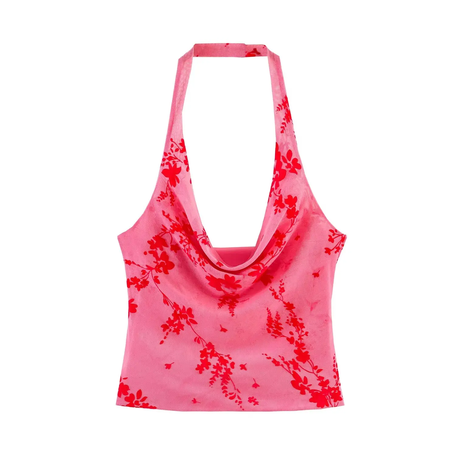 Willshela Women Fashion Tulle Printed Backless Tank Tops Vintage Halter Neck Sleeveless Female Chic Lady Tops