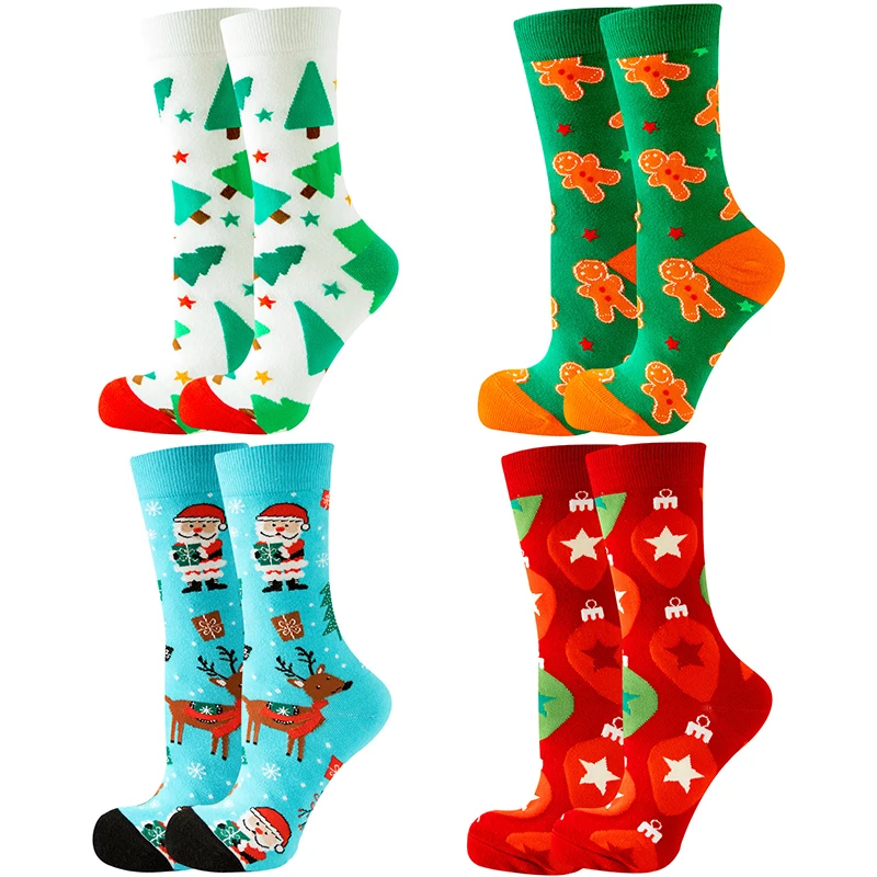 Chaussettes de Noël drôles pour femmes et hommes, père Noël, arbre, flocon de neige, wapiti, neige, coton, tube, équipage, heureux, nouvel an