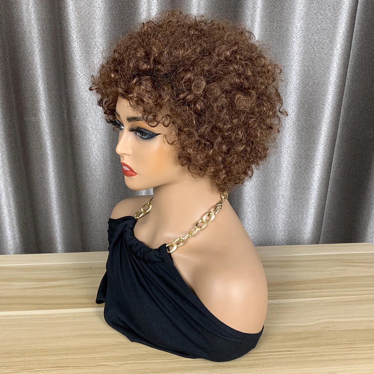 Ingwerfarbene lockige Pixie-Cut-Perücken # 33 Echthaar-Pixie-Cut-Perücken, 180% farbig, vollmaschinell gefertigte Echthaarperücken, einfach zu tragen, Hairugo – Detail 5