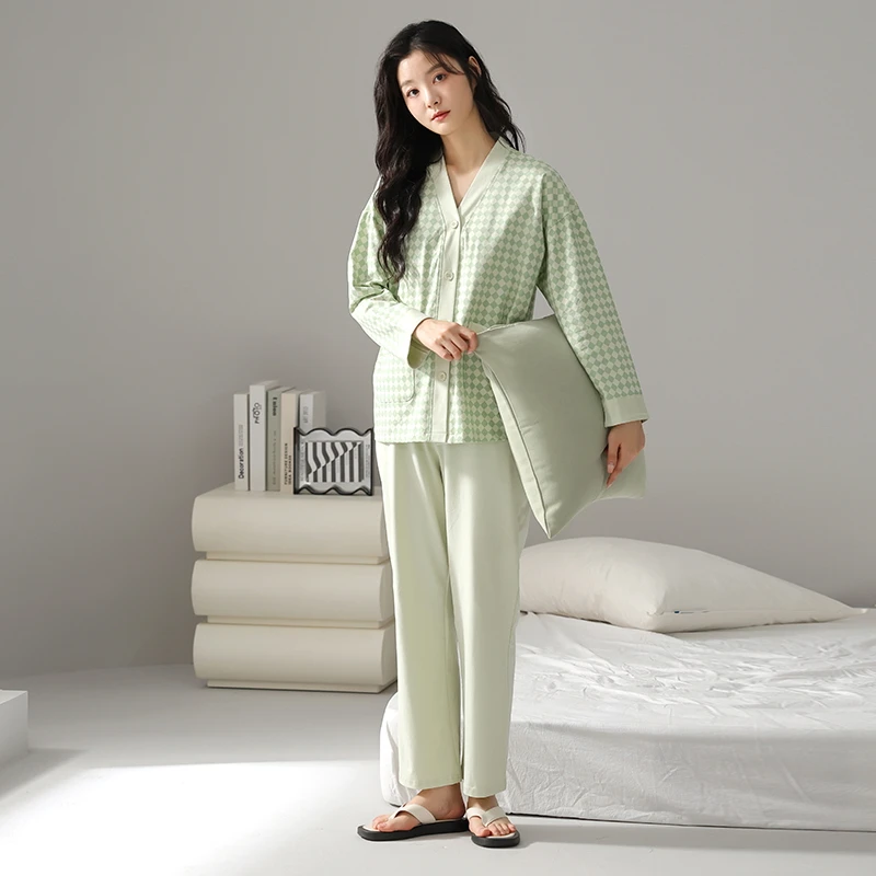 Big Size M-2XL Women Pajamas Set Spring and Autumn 100% Cotoon Pyjamas Femme Plaid Long Sleeve Sleepwear Girls Homewear