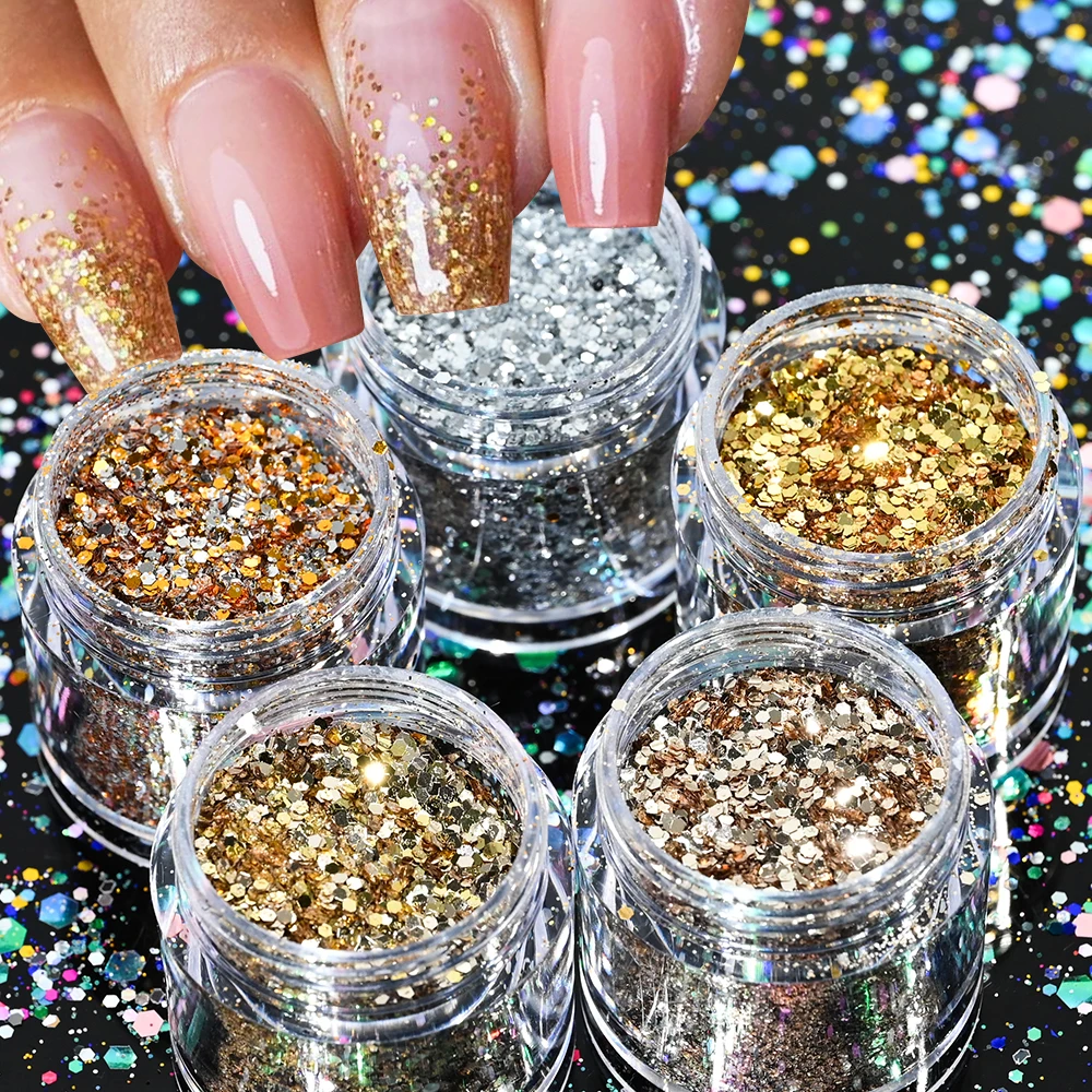 

3/4/5 шт. смешанная лазерная шестигранная блестящая пудра для ногтей, голографическая массивная шестиугольная пудра с блестками, градиентный пигмент, набор пыли, аксессуары для ногтей *