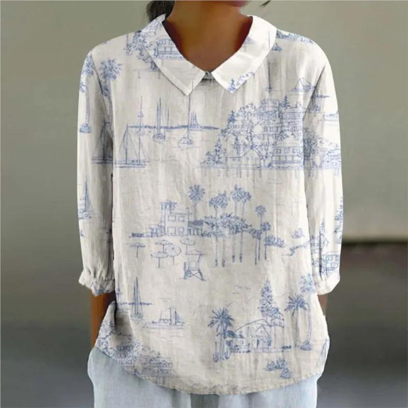 Soring Fall Vintage Blouses Casual New Long-sleeve Bamboo Linen Lapel Print Fashion Versatile Shirt Elegant Women Top Streetwear