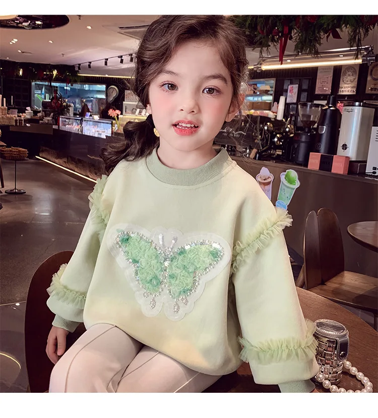 Herbst Kinder Mädchen Sweatshirts Schwestern Partnerlook Baumwollkleidung Pailletten Schmetterling Rüschenbesatz Langarm Rundhals Pullover Tops – Detail 16