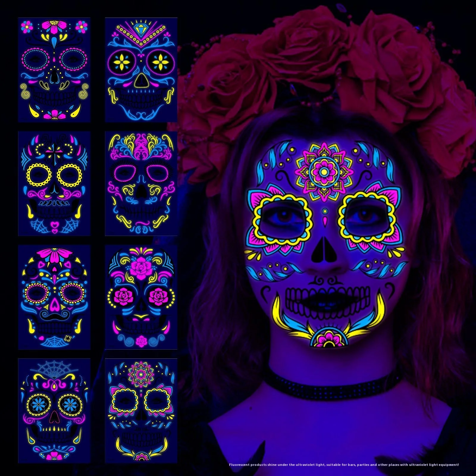 Day Of The Dead Stickers Halloween Fluorescence Creative Horror Temporary Makeup Dance Death Spirit Face Stickers Tattoo Sticker