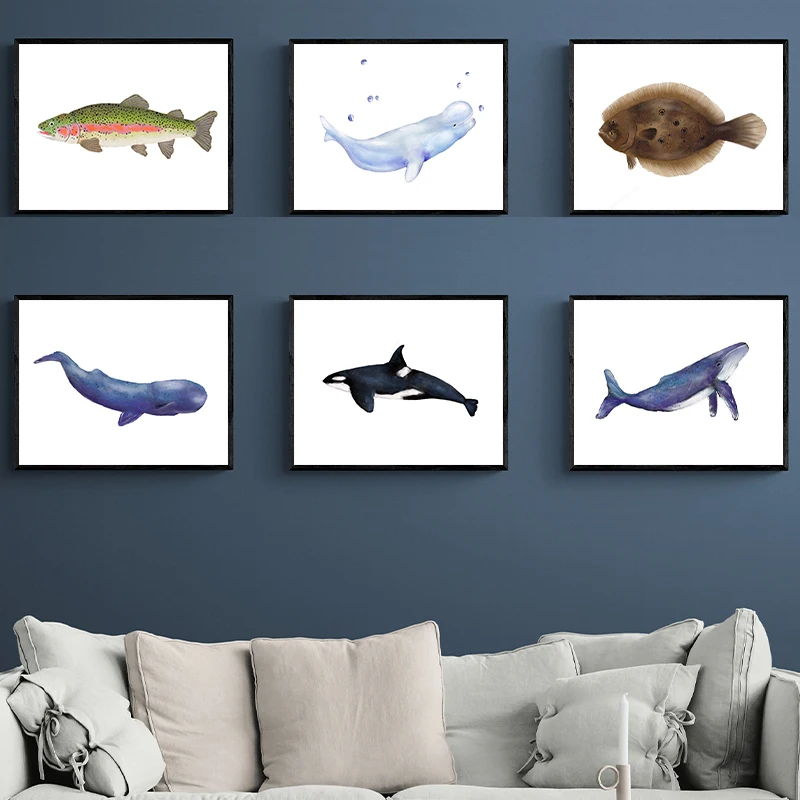 Marine Organism Poster Killer Whale Oyster Rainbow Trout Prints Canvas Printing Wall Art Picture for Living Room Home Decor Gift