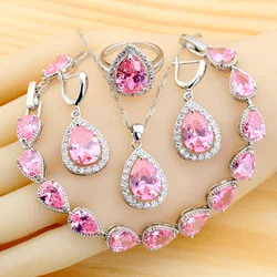 Classic Pink Zirconia Water Drop 925 Silver Jewelry Sets for Women Earrings Necklace Ring Bracelet Wedding Gift